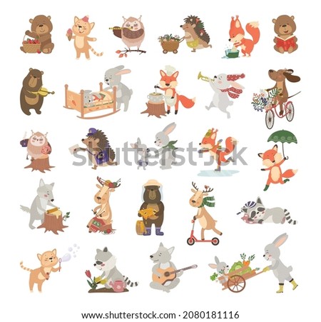 Illustrations of cute animals in cartoon style doing different activities.