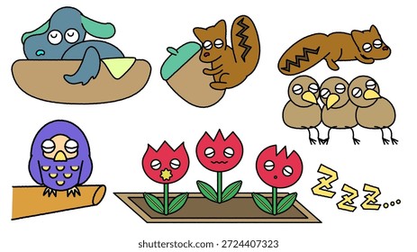 Ilustraciones de animales y plantas adorables que duermen y crecen.