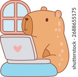 Illustrations of cute capybara character clip art for kids. Capybara typing in the laptop