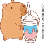 Illustrations of cute capybara character clip art for kids. Capybara bring a milkshake