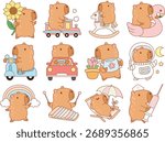 Illustrations of cute capybara character clip art for kids. Capybara in the variation of transportation