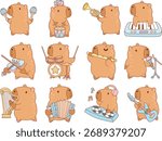 Illustrations of cute capybara character clip art for kids. Capybara in the variation of music and instrument