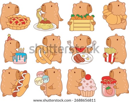 Illustrations of cute capybara character clip art for kids. Capybara with variation of junk food and street food