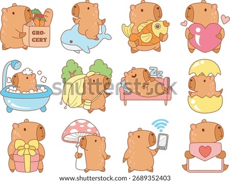 Illustrations of cute capybara character clip art for kids. Capybara in the variation of random activity.