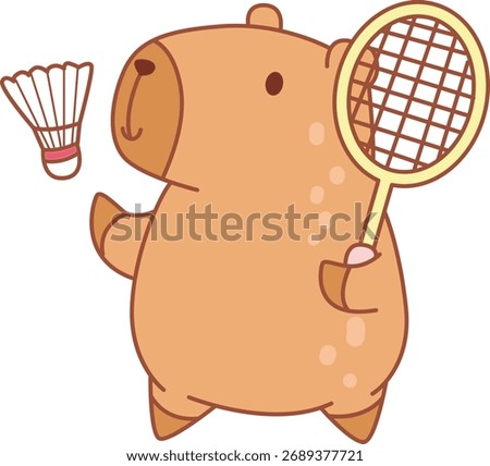 Illustrations of cute capybara character clip art for kids. Capybara playing a badminton