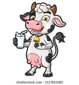 Illustrations of cute cartoon cow character holding a glass of milk.