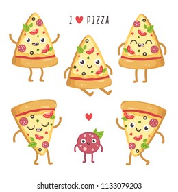 Ilustraciones de lindas porciones de pizza de dibujos animados. Caracteres vectoriales kawaii en diferentes poses. Aislado en blanco