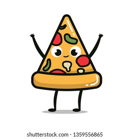 Illustrations of cute cartoon pizza slices. Kawaii vector characters in different poses.Cute fast food vector character.KWAII
