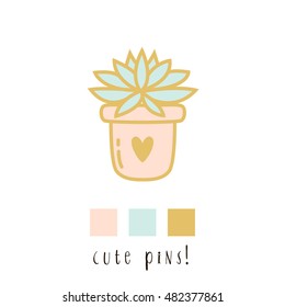 illustrations of cute cartoon succulent in pot on white background. can be used like pin template or stickers, or for cards and birthday invitations