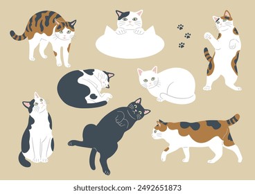 Illustrations of cute cats in various patterns and poses