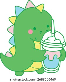 Ilustrações de bonitinho Dinosaur personagem clip art para crianças. Dinossauro traz um milkshake