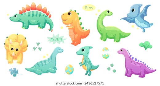  Illustrations of cute dinosaurs for children in different colors: Triceratops, Stegosaurus, Brontosaurus, Pterosaurus, Tyrannosaurus, Brachiosaurus.