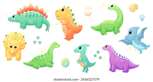  Illustrations of cute dinosaurs for children in different colors: Triceratops, Stegosaurus, Brontosaurus, Pterosaurus, Tyrannosaurus, Brachiosaurus.