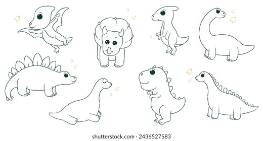  Illustrations of cute dinosaurs for children in different colors: Triceratops, Stegosaurus, Brontosaurus, Pterosaurus, Tyrannosaurus, Brachiosaurus.