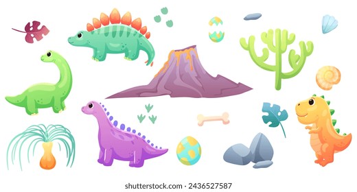  Illustrations of cute dinosaurs for children in different colors: Triceratops, Stegosaurus, Brontosaurus, Pterosaurus, Tyrannosaurus, Brachiosaurus.