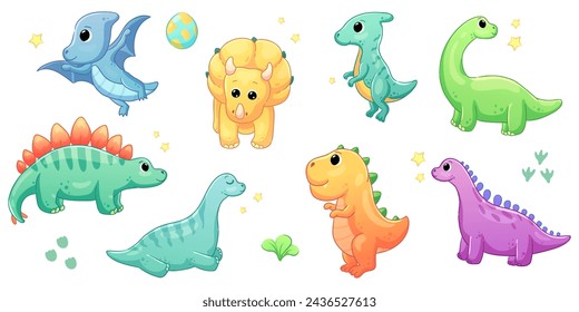  Illustrations of cute dinosaurs for children in different colors: Triceratops, Stegosaurus, Brontosaurus, Pterosaurus, Tyrannosaurus, Brachiosaurus.