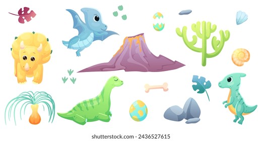  Illustrations of cute dinosaurs for children in different colors: Triceratops, Stegosaurus, Brontosaurus, Pterosaurus, Tyrannosaurus, Brachiosaurus.