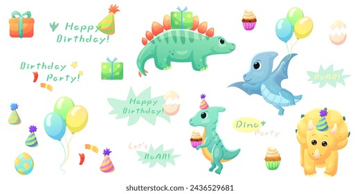  Illustrations of cute dinosaurs for children in different colors: Triceratops, Stegosaurus, Brontosaurus, Pterosaurus, Tyrannosaurus, Brachiosaurus.Happy Birthday Inscriptions.