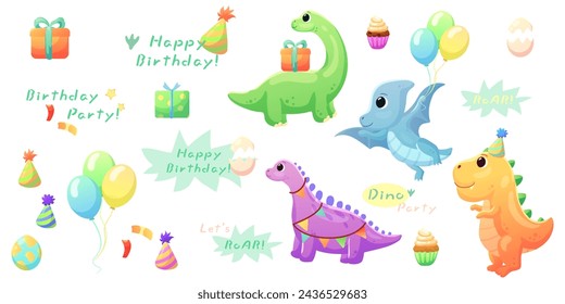  Illustrations of cute dinosaurs for children in different colors: Triceratops, Stegosaurus, Brontosaurus, Pterosaurus, Tyrannosaurus, Brachiosaurus.Happy Birthday Inscriptions.