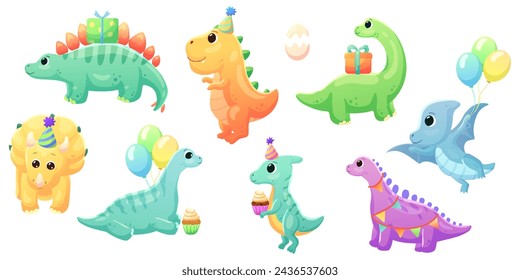 Illustrations of cute dinosaurs for children in different colors: Triceratops, Stegosaurus, Brontosaurus, Pterosaurus, Tyrannosaurus, Brachiosaurus.Happy Birthday Inscriptions.