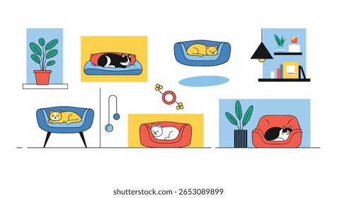 Illustrations of cute fluffy cats relaxing in cozy pet beds surrounded by plants and home decor items