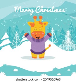 Illustrations of a Cute Giraffe Animal in The Snow, for Christmas Greetings, Can be Used for Greeting Cards, Banners, Posters, or Other Design Needs.