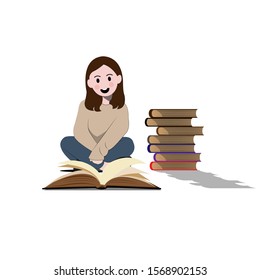 Illustrations of a cute girl sitting and reading a book 