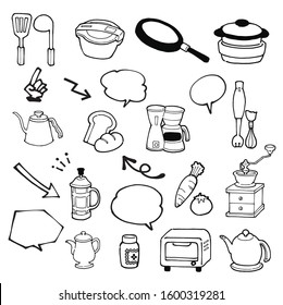 A lot of illustrations of cute kitchen accessories like handwriting style