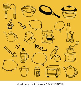 A lot of illustrations of cute kitchen accessories like handwriting style