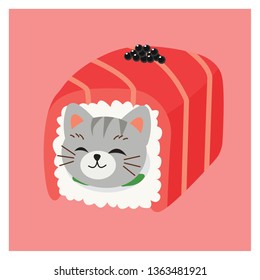 Illustrations of cute kitty cat in sushi,Japanese sushi rolls,Tuna roll with caviar.