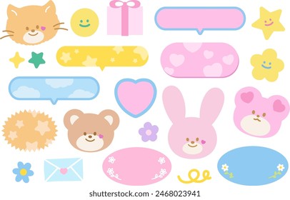 Illustrations of cute pastel elements such as teddy bear, cat, bunny, flowers, heart, star, gift box, text bubbles, love letters for animal print, sticker, cartoon, character, message, chat, emoji