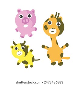 illustrations of cute pigs, cows and giraffes