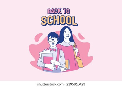 Illustrations cute schoolgirl and schoolboys going back to school design concept