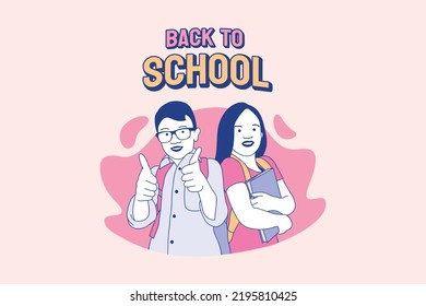 Illustrations cute schoolgirl and schoolboys going back to school design concept