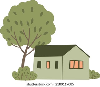 illustrations with cute small houses clipart, compositions with ice cream truck, beach cafe clip art, Cozy city street with tiny buildings and green trees png, Vector illustration flat cartoon style.