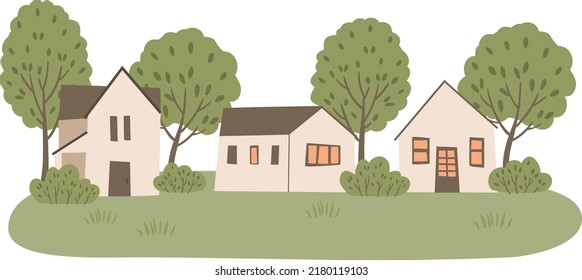 illustrations with cute small houses clipart, compositions with ice cream truck, beach cafe clip art, Cozy city street with tiny buildings and green trees, Vector illustration in flat cartoon style.