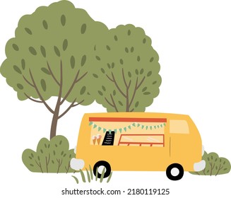 illustrations with cute small houses clipart, compositions with ice cream truck, beach cafe clip art, Cozy city street with tiny buildings and green trees png, Vector illustration flat cartoon style.