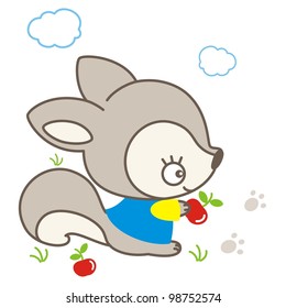 the illustrations are cute squirrel eating an apple