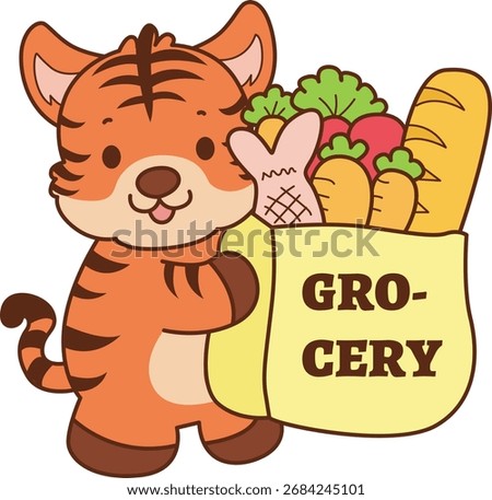 Illustrations of cute tiger character vector clip art for kids. Tiger bring a grocery bag