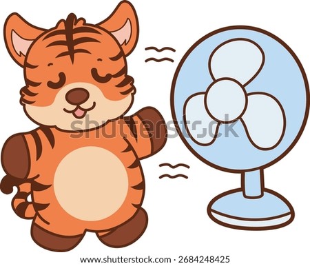 Illustrations of cute tiger character vector clip art for kids. Tiger feel the air from the fan
