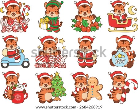 Illustrations of cute tiger character vector clip art for kids. Merry Christmas from Tiger 