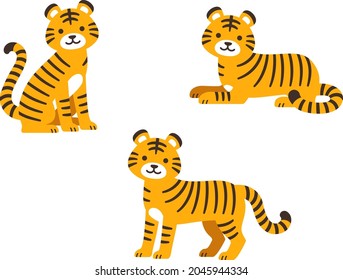 Illustrations of cute tigers in various poses (sitting, standing, lying down)