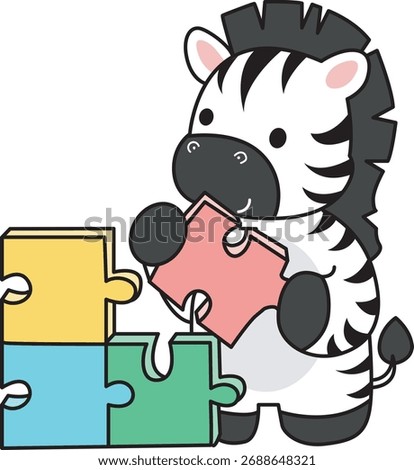 Illustrations of cute Zebra character clip art for kids. Zebra playing a puzzle