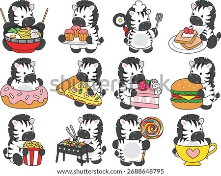 Illustrations of cute Zebra character clip art for kids. Zebra in the variation of fast food and dessert 