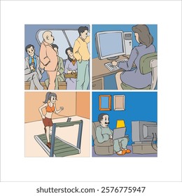 Illustrations of daily activities 02, such as in public transportation, working, exercising, watching TV and so on.