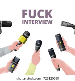 Illustrations for daily news. Hands holding microphones. Interview of microphone banner, journalism and report vector
