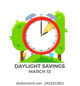 Illustrations for Daylight Saving Day. Clock on the background of spring nature.