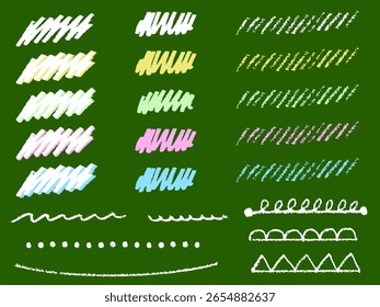 Illustrations of decorations and borders drawn with chalk on a blackboard. A simple and cute hand-drawn decoration set.