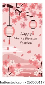 illustrations dedicated to the Cherry Blossom Festival, a celebrated springtime event. design features blooming cherry blossom trees (sakura), creating delicate pink and white canopies. 