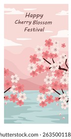 illustrations dedicated to the Cherry Blossom Festival, a celebrated springtime event. design features blooming cherry blossom trees (sakura), creating delicate pink and white canopies. 